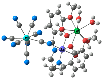 структура комплекса GdIIINiIIWV (голубые атомы N, красные – O, темно-серые – С и светло-серые –  Н)